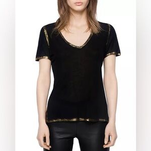 [EUC] ZADIG & VOLTAIRE Tino Gold Foil Trim Tee in Black. Size Large